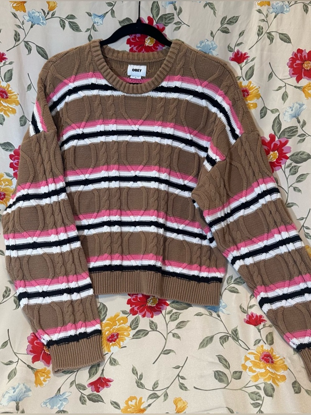 Obey Cable Knit Crewneck Sweater in Brown, Pink, White & Black